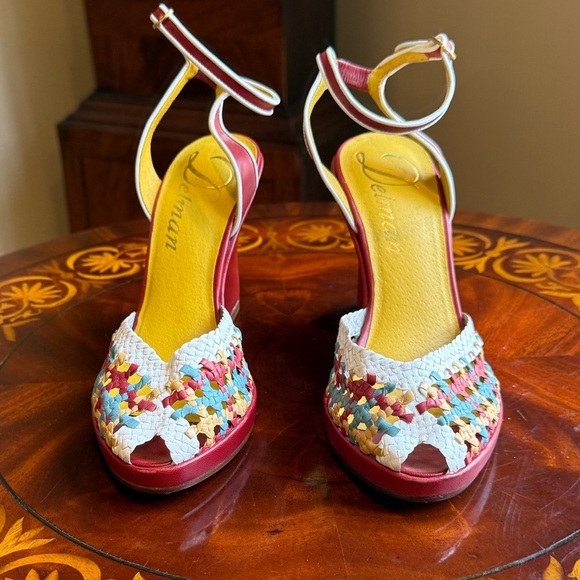 NWOT Delman Red/Yellow Leather Woven Peep toe Sandals 4” heel Size 8 MSRP $295 - Picture 12 of 13